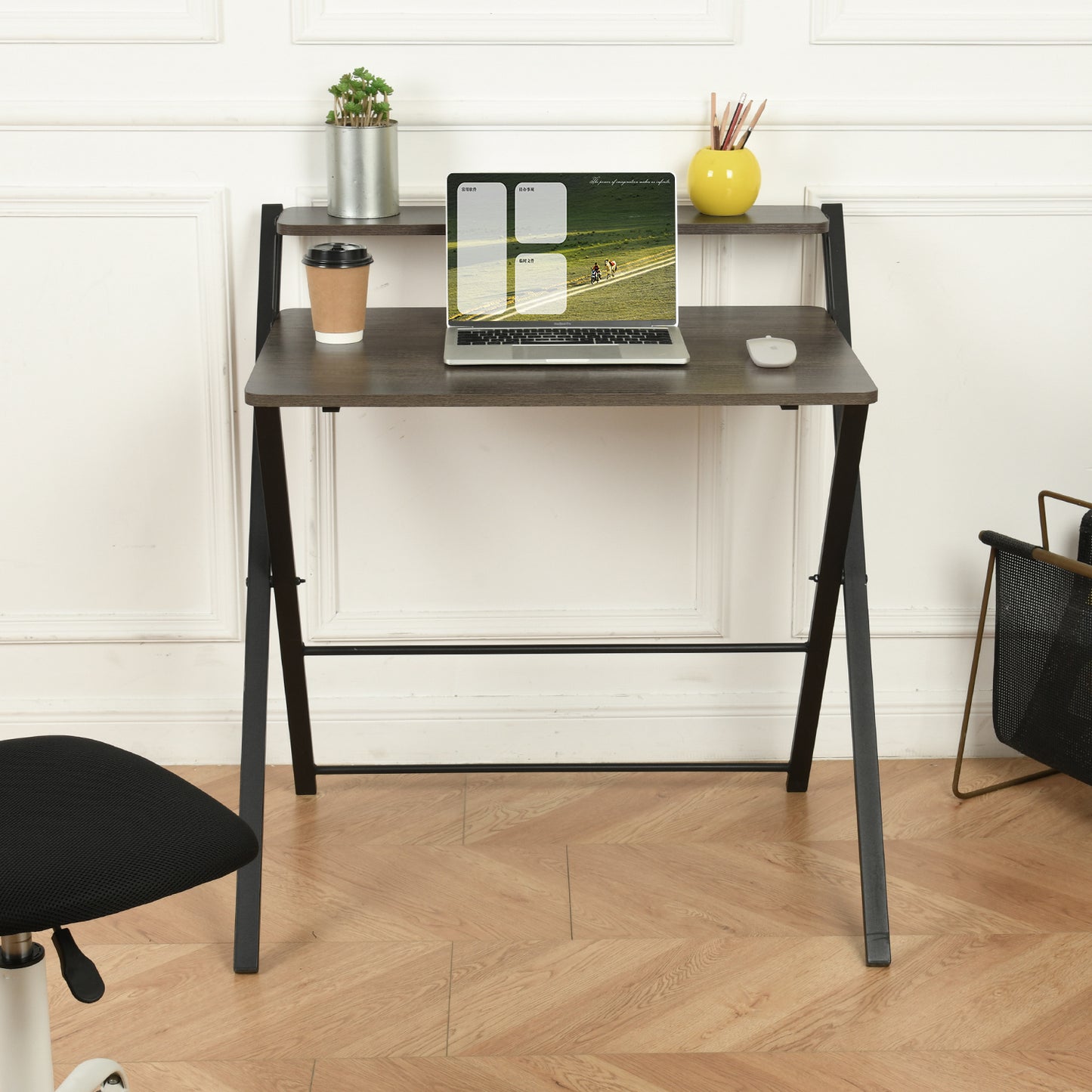 Compact Walnut and Black Folding Desk with Shelf