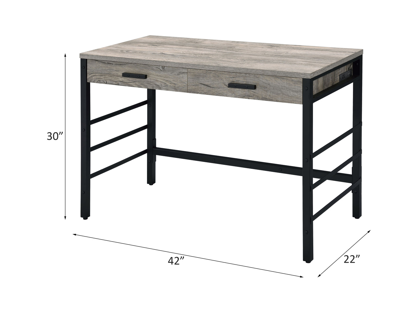 Rustic Industrial Writing Desk with USB Port and Storage Drawers