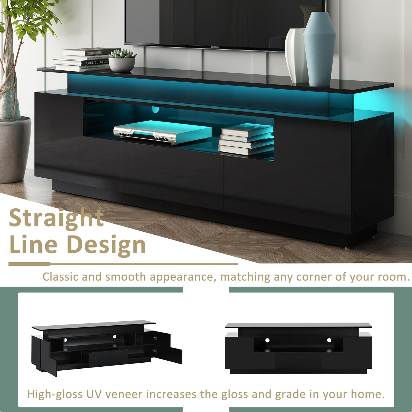 Sleek Entertainment Center with Color Changing LED Lights for 75+ inch TV, Black High Gloss TV Cabinet