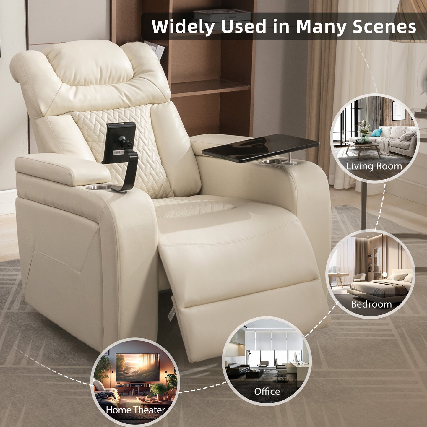 Power Recliner with Swivel, Cup Holder, USB Port, and Tray Table, White