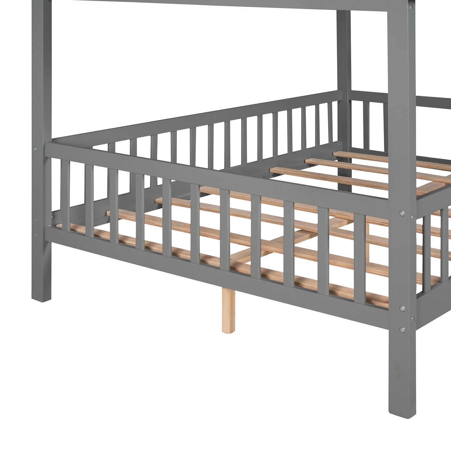 Full Size Wood House Bed with Fence, Gray