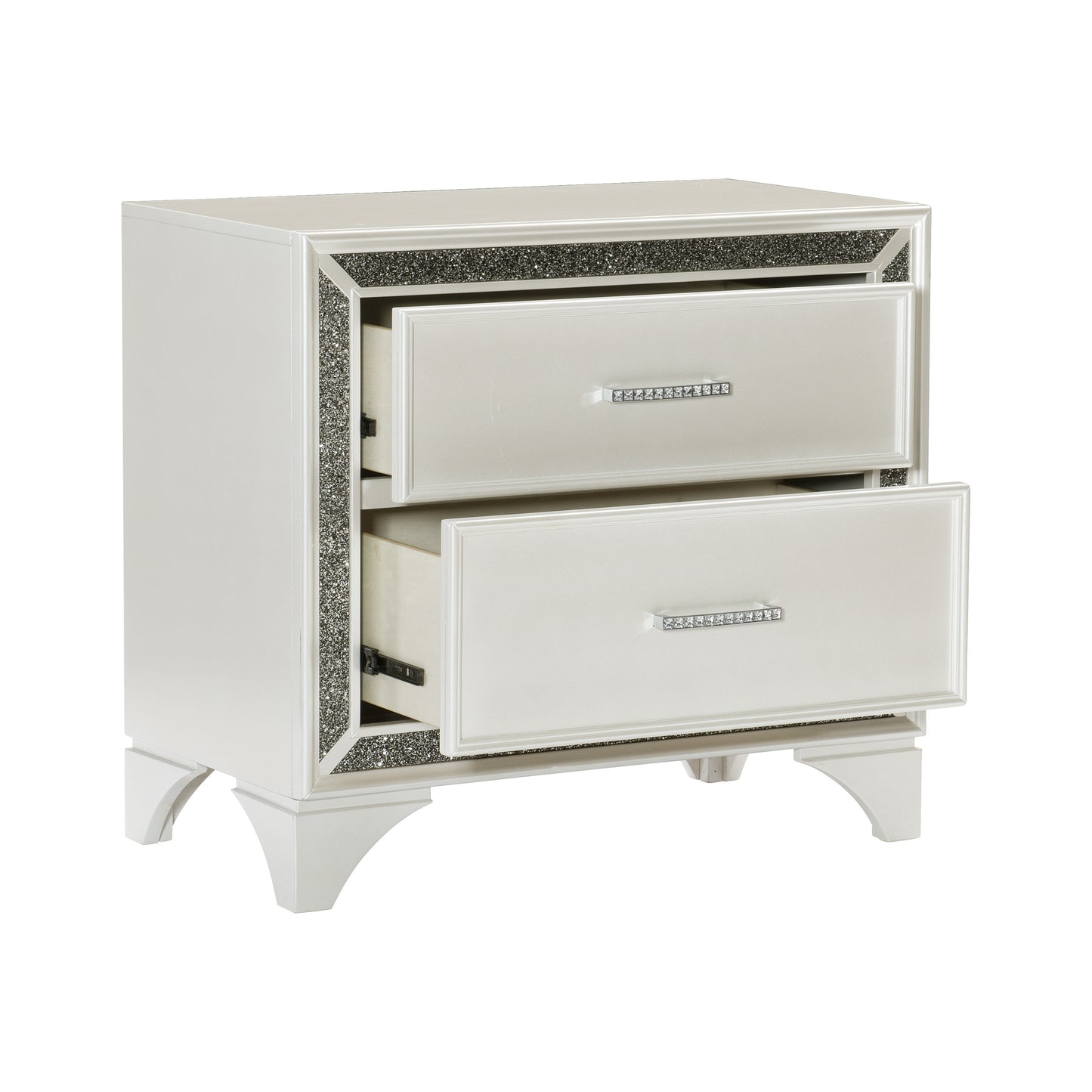 Glamourous Bedroom 1pc Nightstand Pearl White Metallic Finish Silver Glitter Trim Wooden furniture