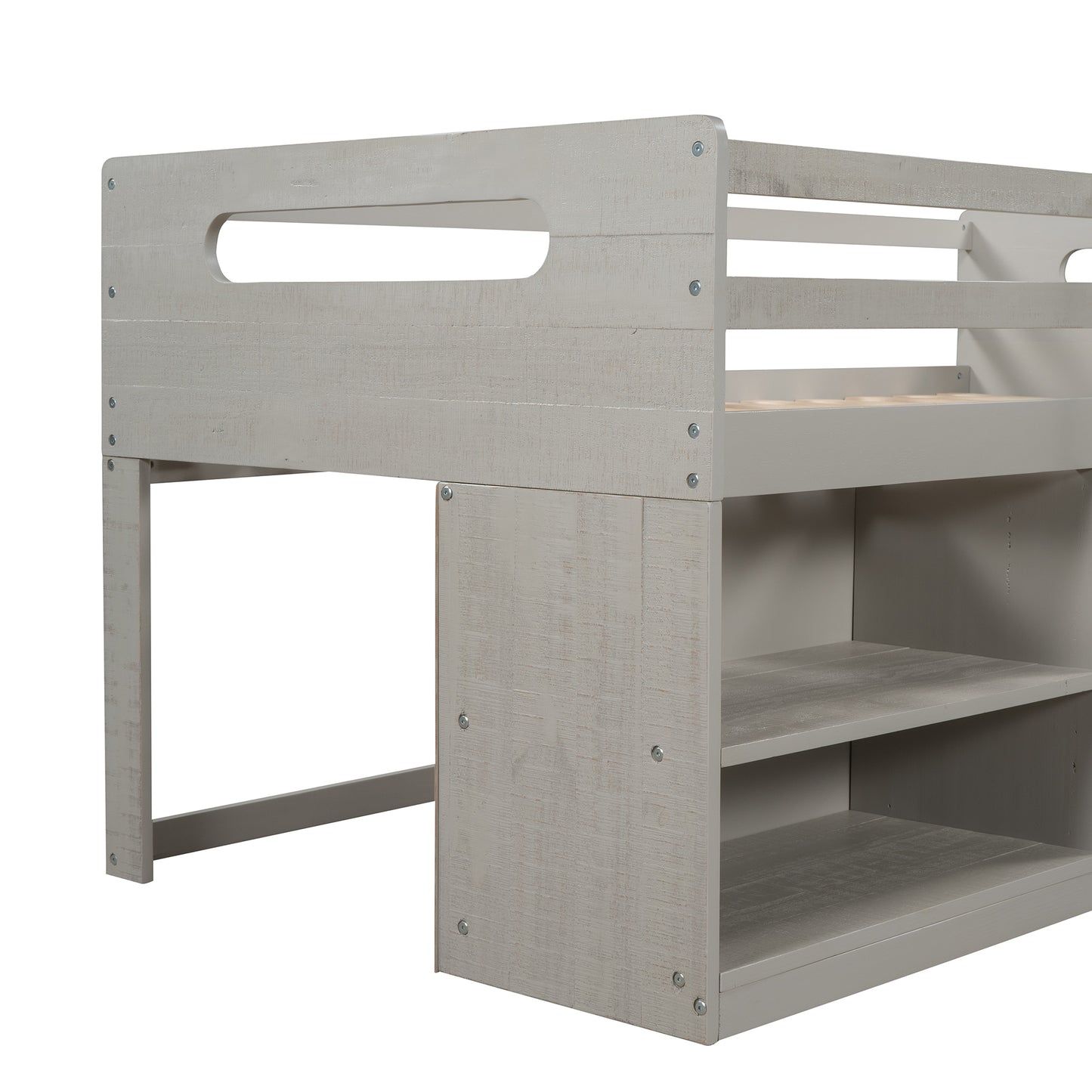 Twin size Loft Bed with Two Shelves and Two drawers (Antique Gray)