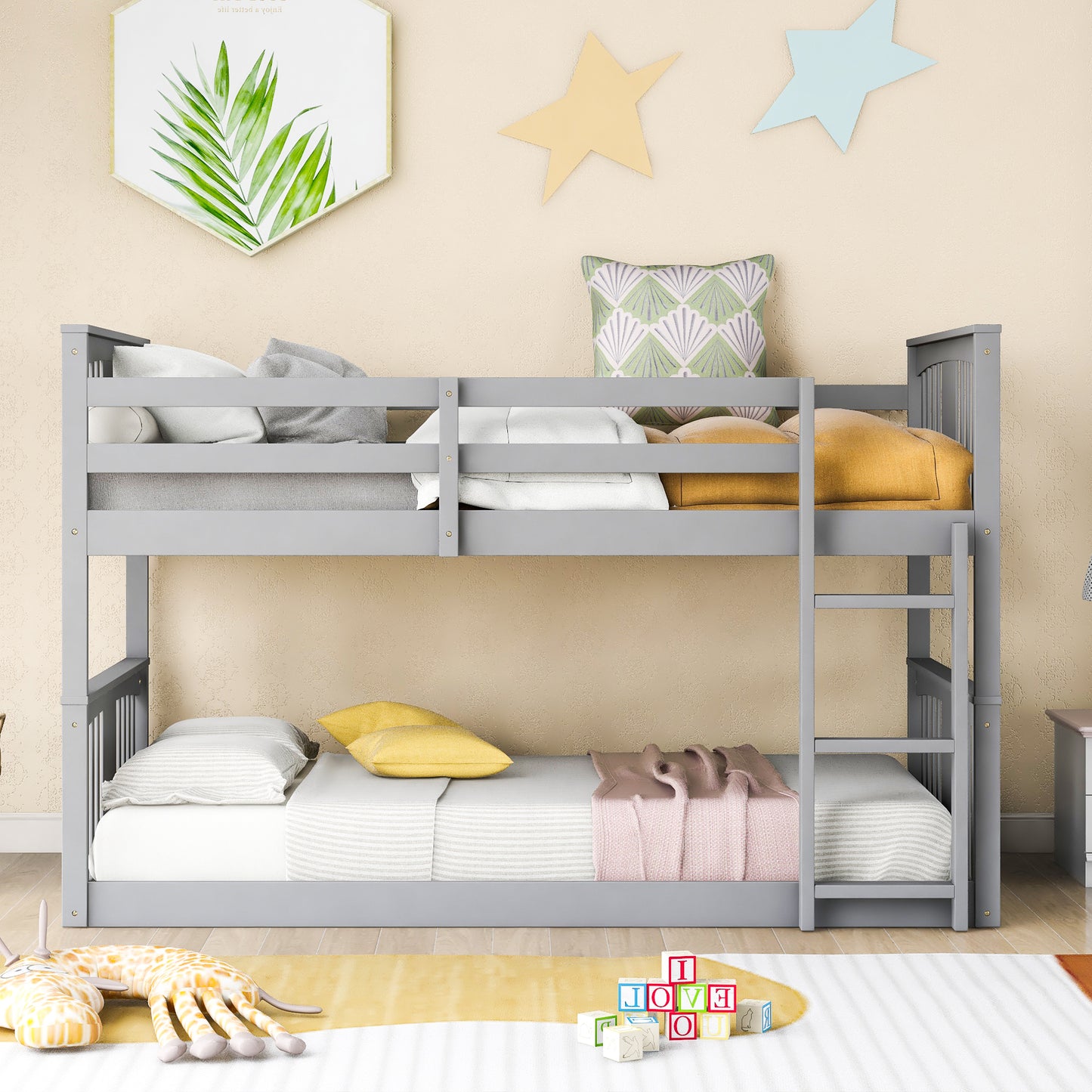 Gray Twin Bunk Bed with Built-in Ladder