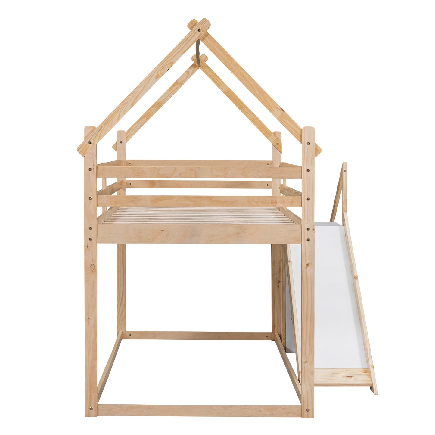 Twin House Loft Bunk Bed with Slide, Staircase, and Storage for Kids, Natural