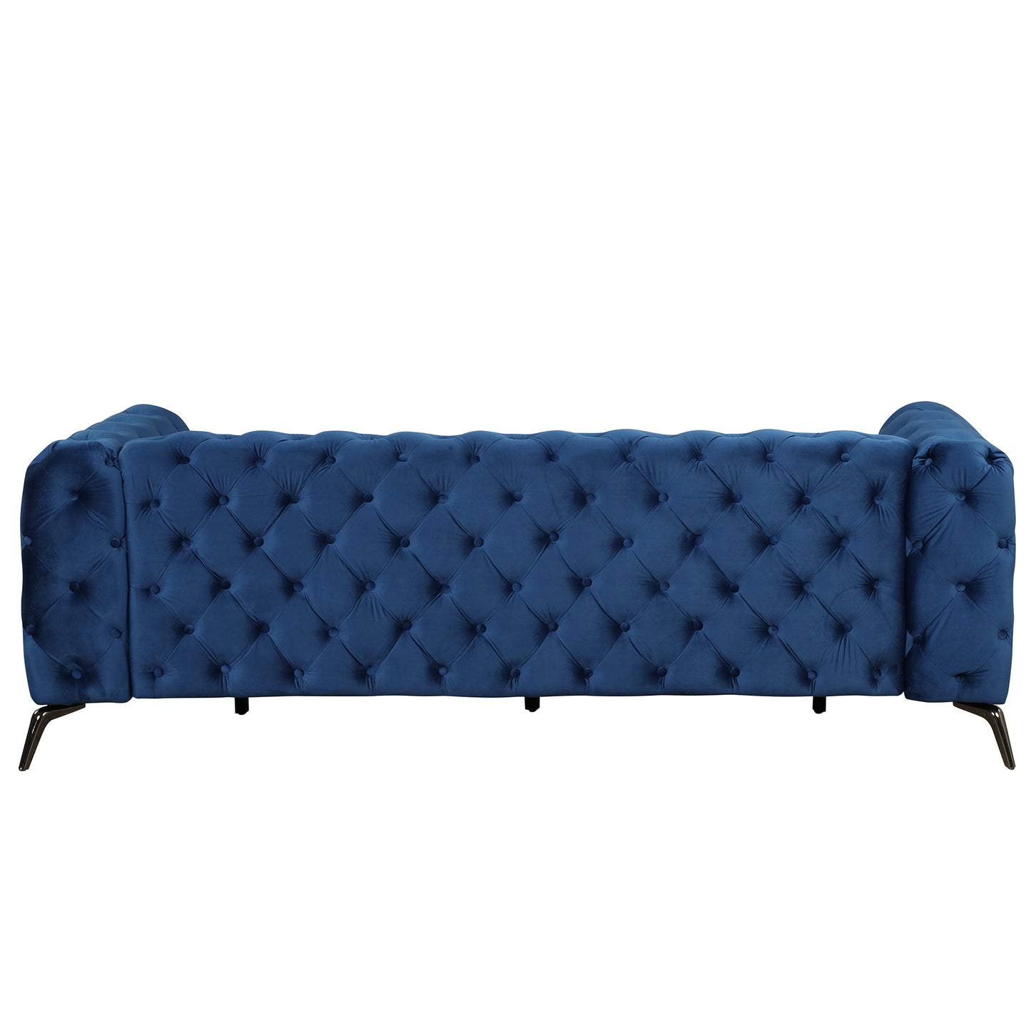 Modern Blue Velvet Upholstered 3 Seater Sofa with Button Tufted Back and Sturdy Metal Legs