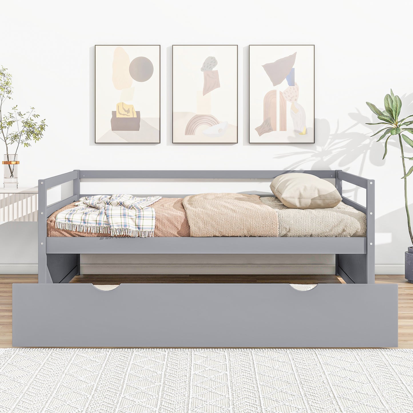 Twin Size Wood Daybed with Twin Size Trundle, Gray(Expected Arrival Time: 1.7)