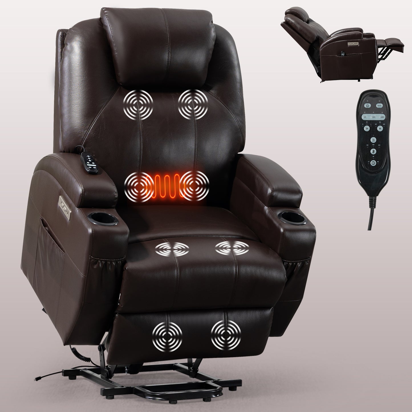 350lbs Okin Motor Power Lift Recliner Chair with Massage and Heating, Cup Holders and USB Charge Port - Brown