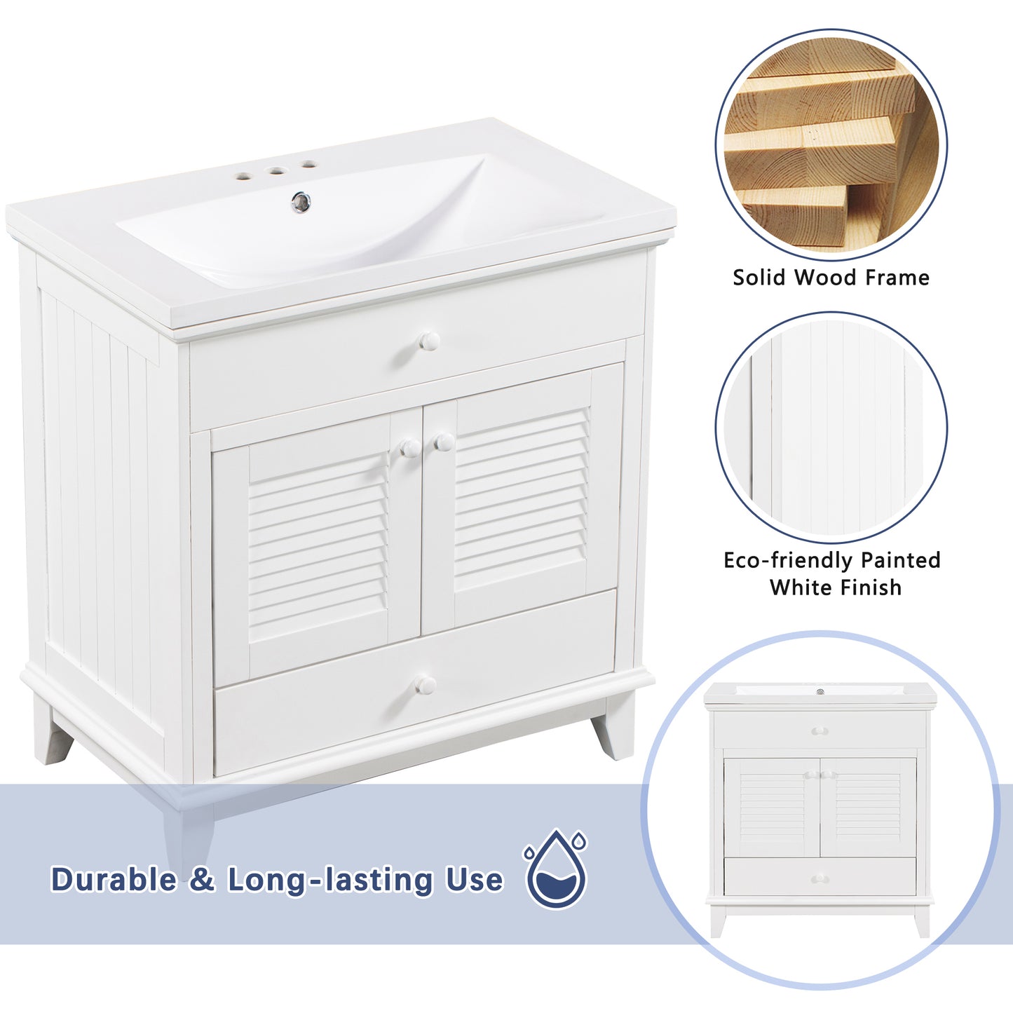 30" Bathroom Vanity Base without Sink, Bathroom Cabinet with Two Doors and One Drawer, White