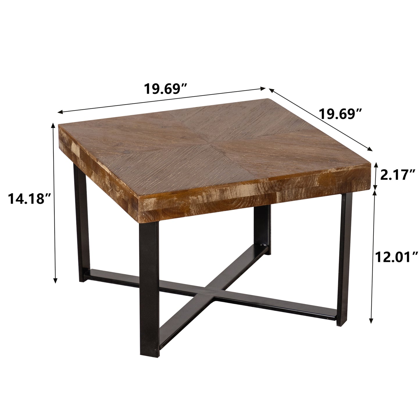 Modern Retro Fir Wood Coffee Table Set - Square Design with Cross Legs Metal Base