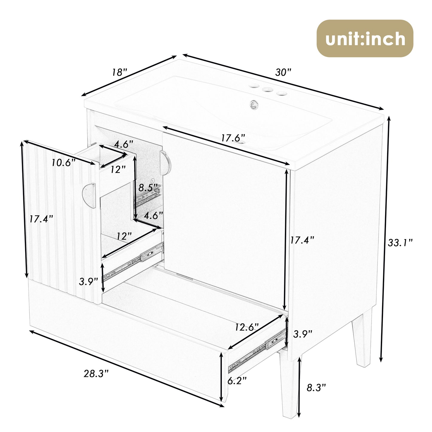 30" Bathroom Vanity with Sink Combo, Bathroom Cabinet with Door and Drawers, Solid Frame and MDF Board, Grey