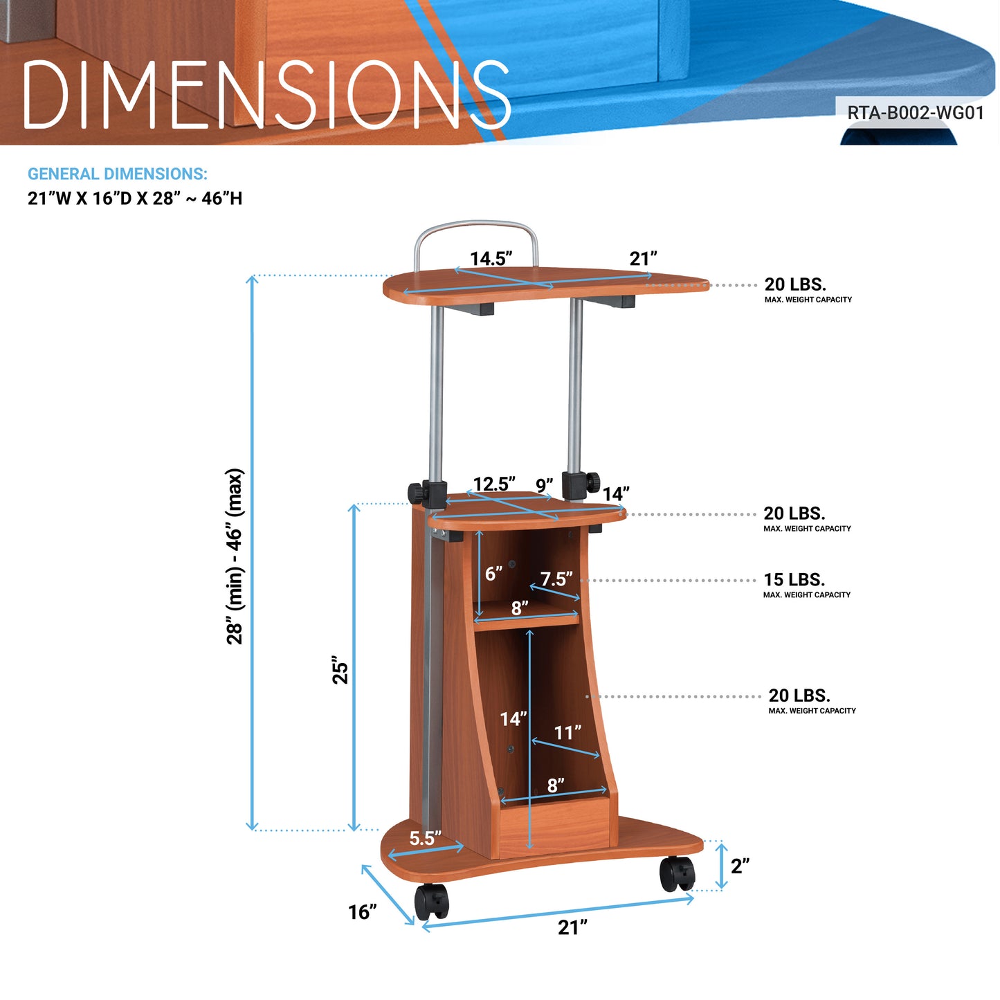 Adjustable Height Laptop Cart With Woodgrain Finish and Storage Stand