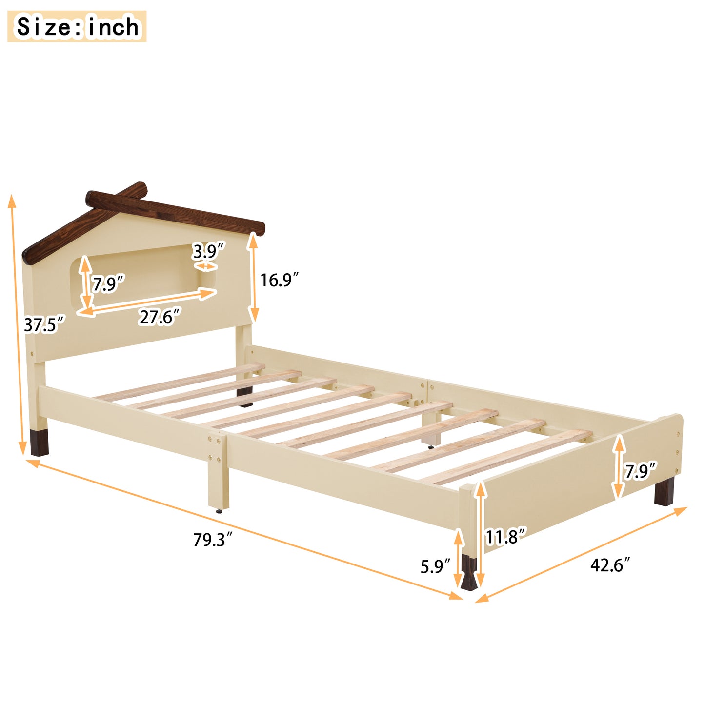 Twin Size Wood Platform Bed with House-shaped Headboard and Motion Activated Night Lights (Cream+Walnut)