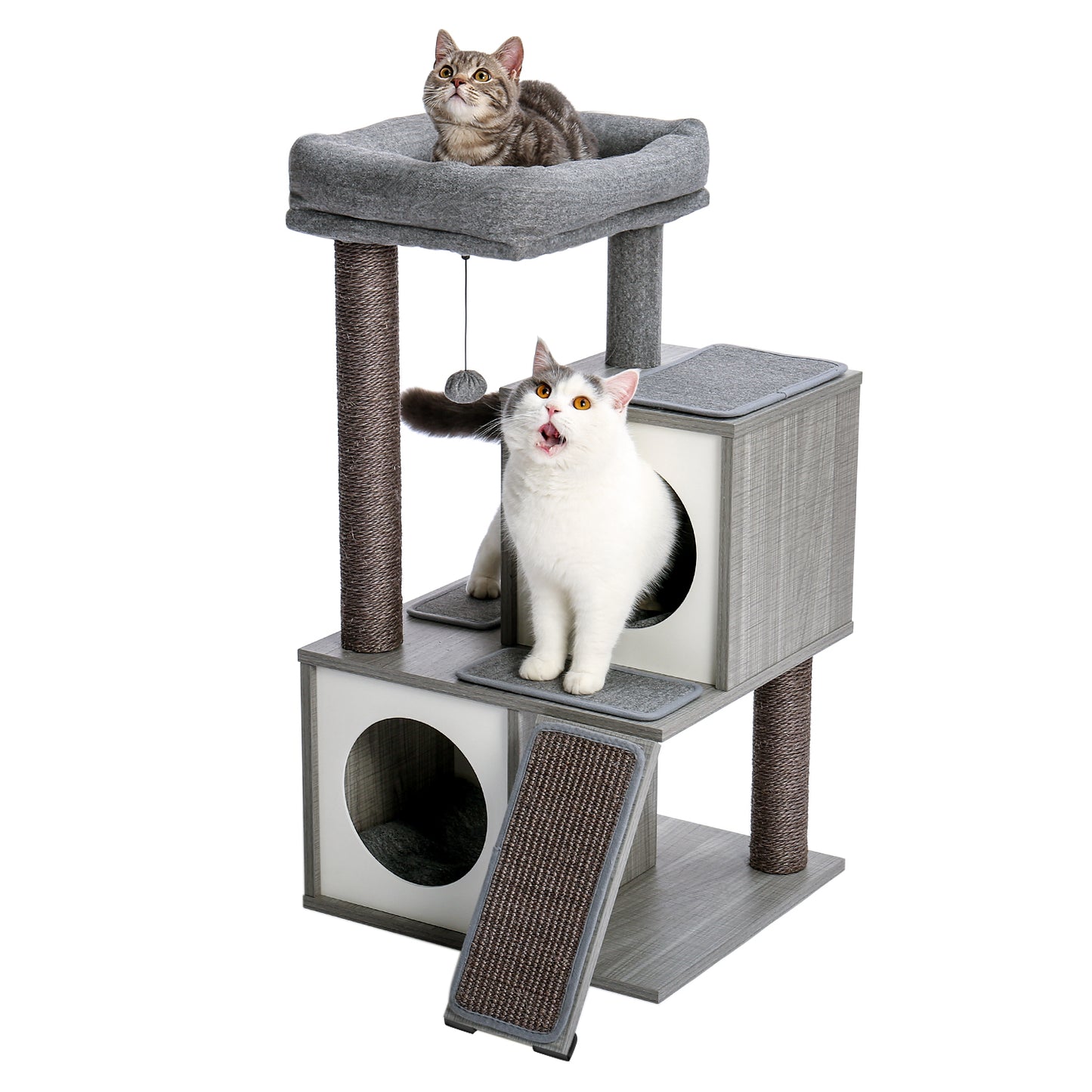 Cat Tree Luxury 34 Inches Cat Tower with Double Condos, Spacious Perch, Fully Wrapped Scratching Sisal Posts and Replaceable Dangling Balls Gray