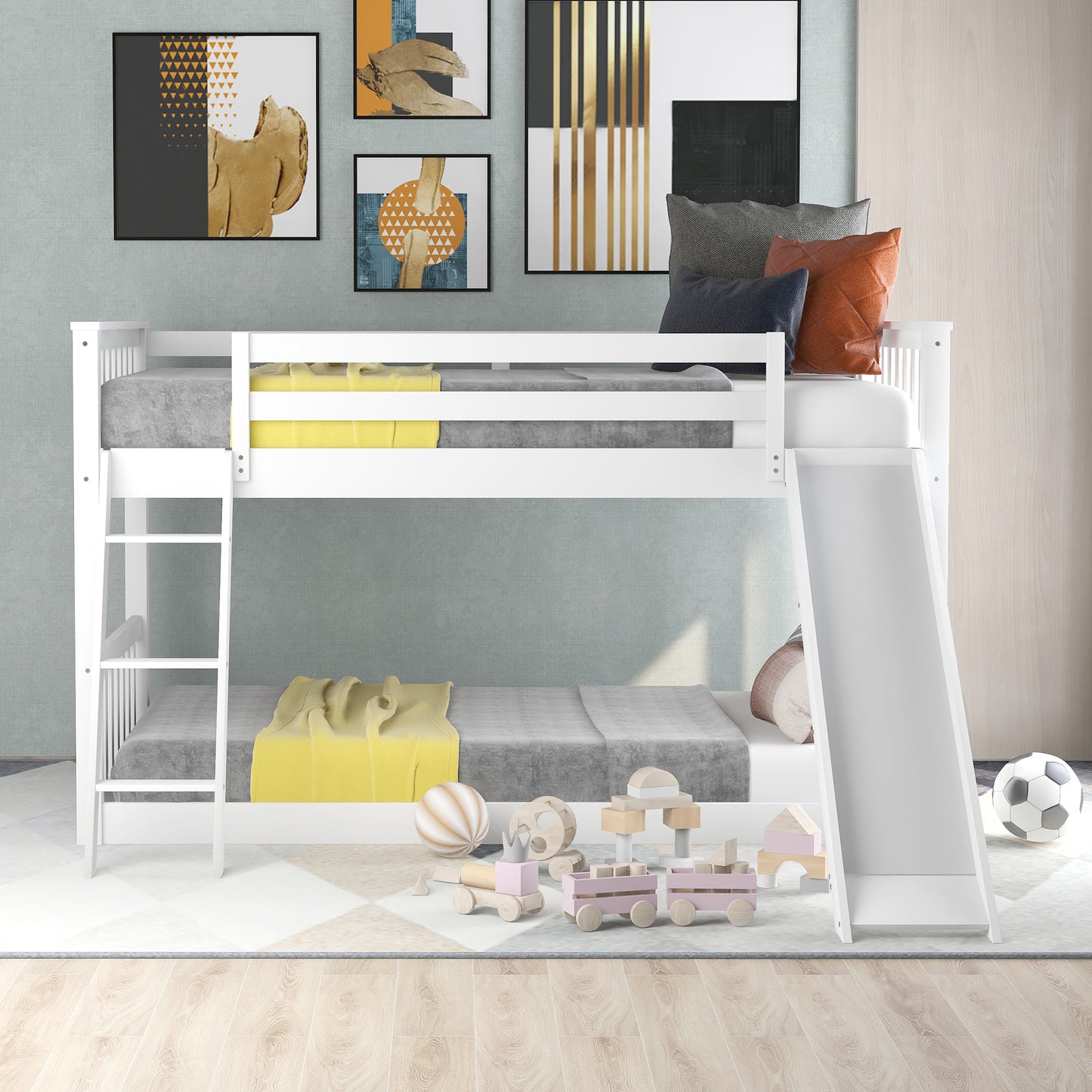 Convertible White Twin Bunk Bed with Slide and Ladder for Compact Spaces