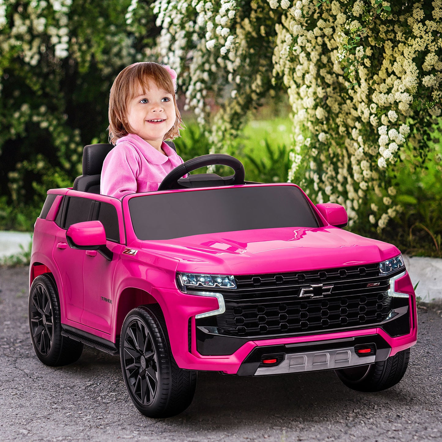 Aosom Chevrolet TAHOE Licensed Kids Ride on Car, 12V Battery Powered Kids Electric Car with Remote Control, Music, Lights, Horn, Suspension for 3-6 Years Old, Pink