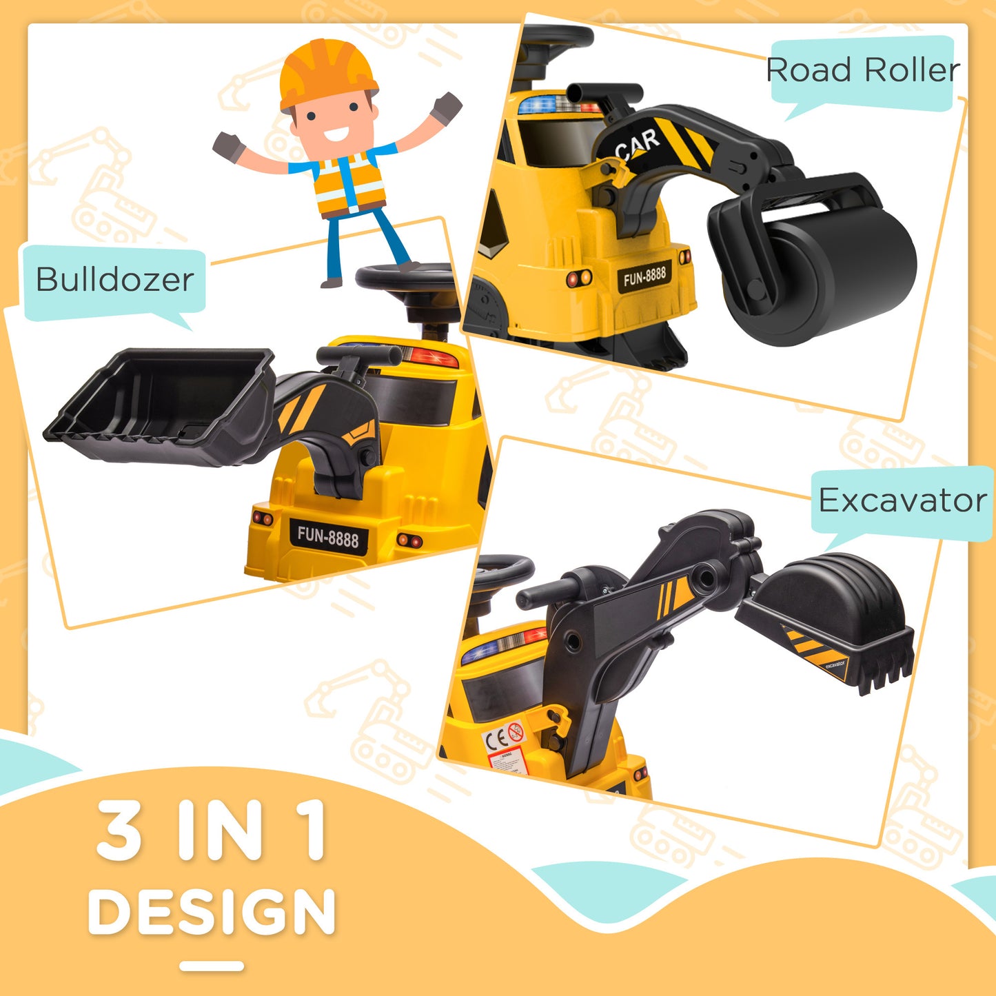 3-in-1 Yellow Ride-On Excavator Bulldozer Road Roller for 18-48 Months