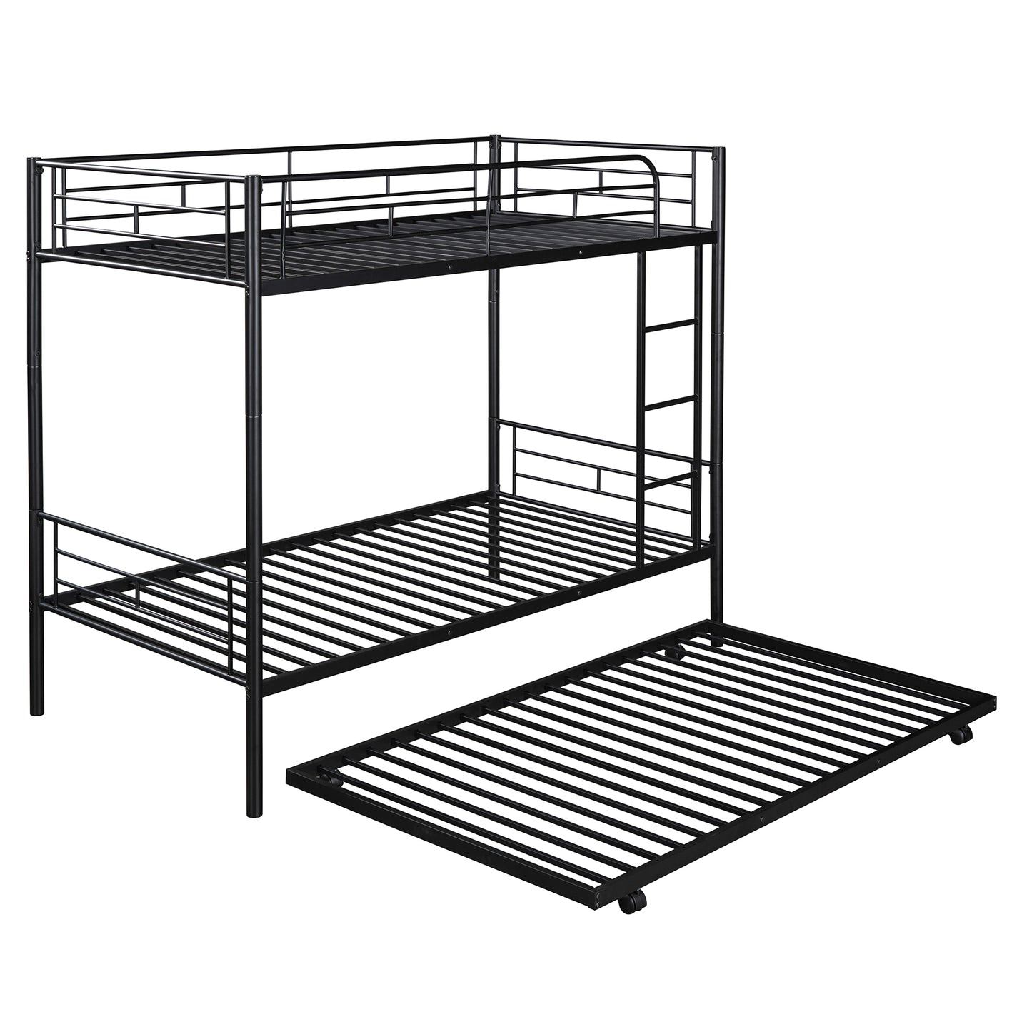 Metal Bunk Bed with Twin Trundle, Convertible Twin-Over-Twin, Black