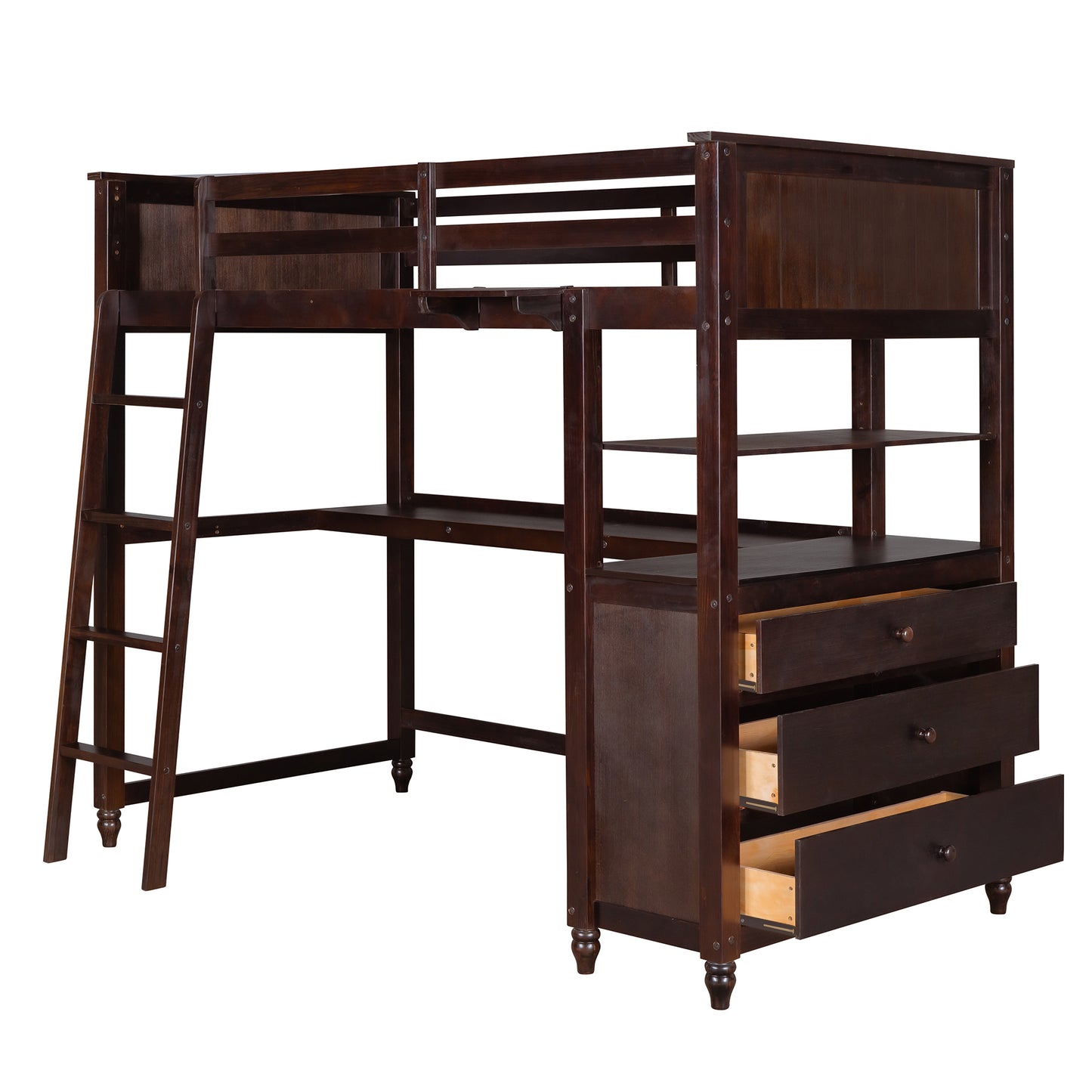 Twin size Loft Bed with Drawers and Desk, Wooden Loft Bed with Shelves - Espresso(: LT001530AAP)