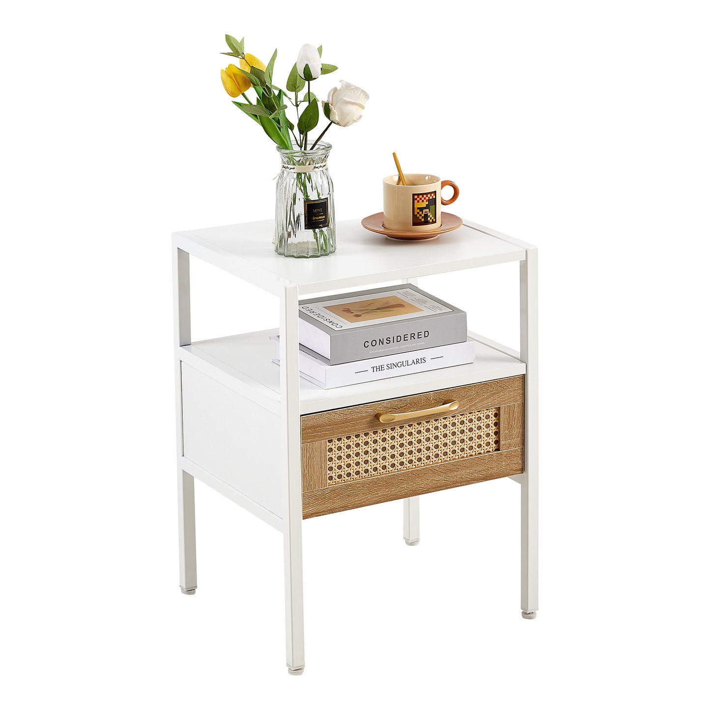 Set of 2, 15.75" Rattan End table with  drawer, Modern nightstand, metal legs,side table for living room, bedroom,white