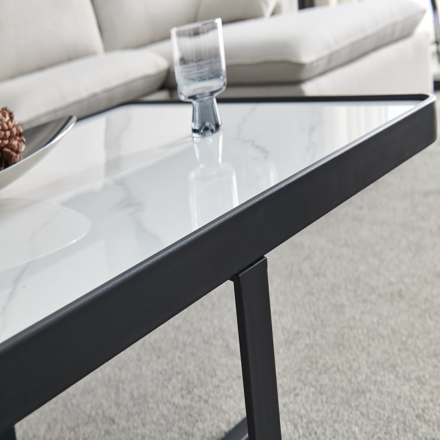 Streamlined Square Coffee Table: Black Metal Frame with Sintered Stone Tabletop