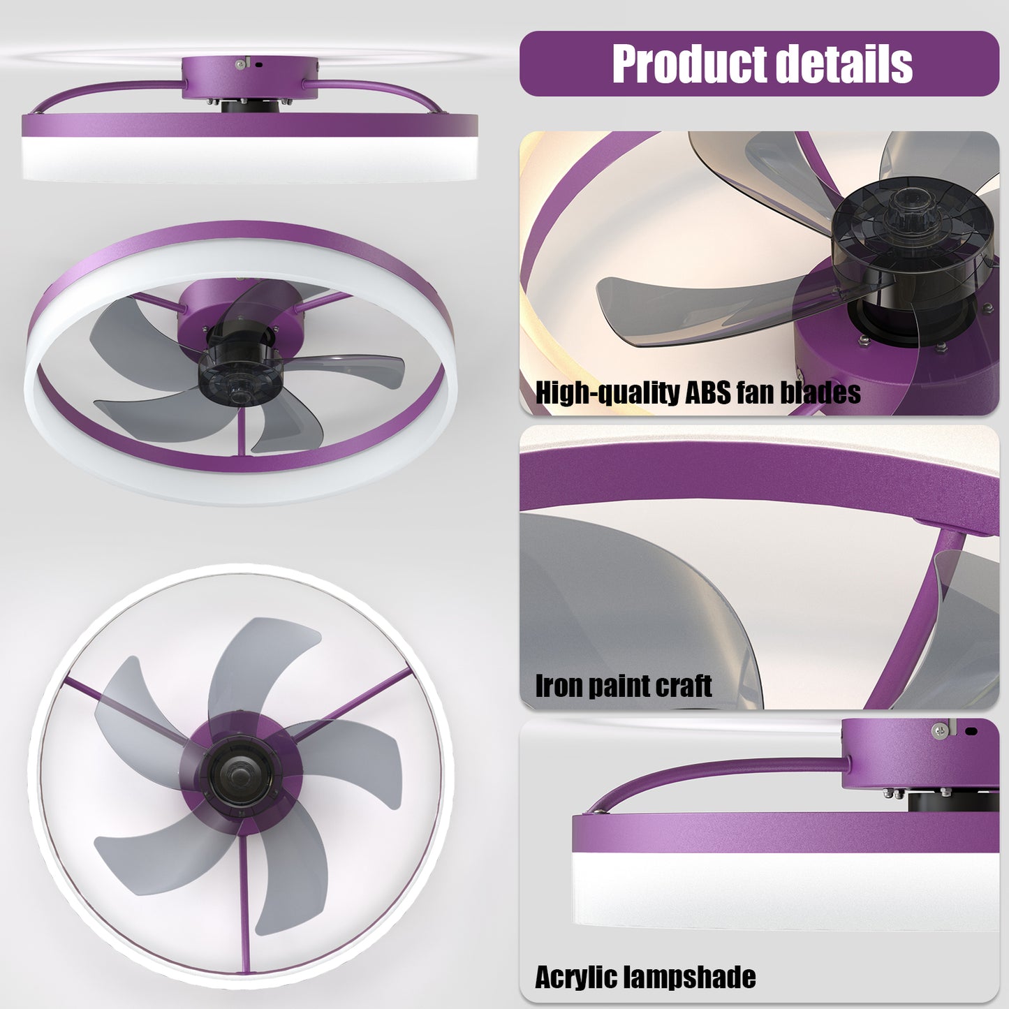 Purple Modern Ceiling Fan with Dimmable LED Lights