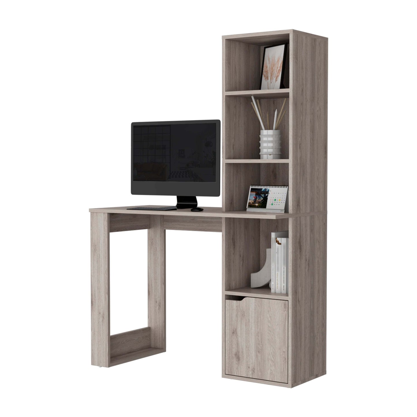 Broadmoor Computer Desk with 4-Shelf Bookcase and Cabinet in Light Gray Finish