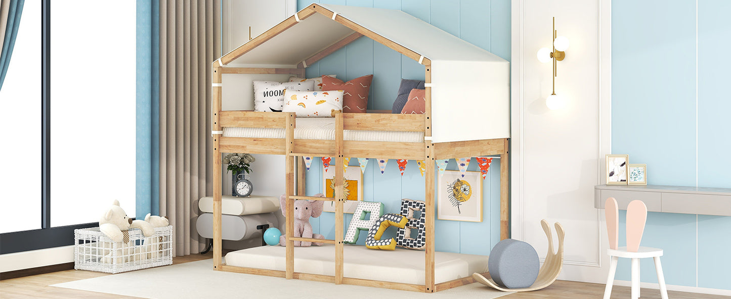 Natural Wood Twin Bunk Bed with Playful Tent in Rural Design