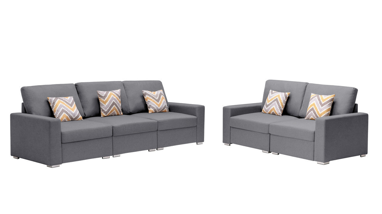 Nolan Gray Linen Fabric Sofa and Loveseat Living Room Set with Pillows and Interchangeable Legs