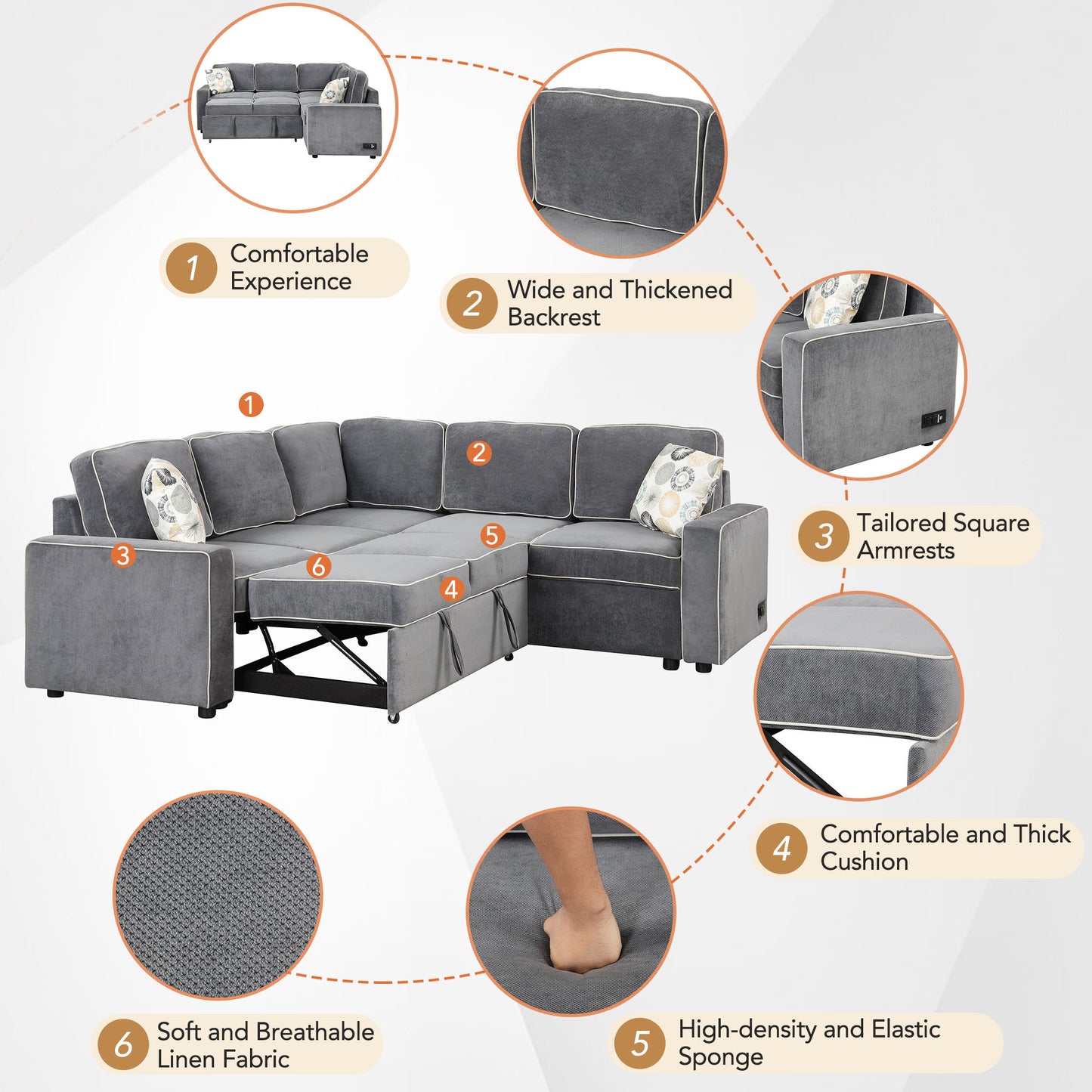 83 L-Shaped Convertible Sleeper Sofa with USB ports, Power Sockets, and Pillows, Gray