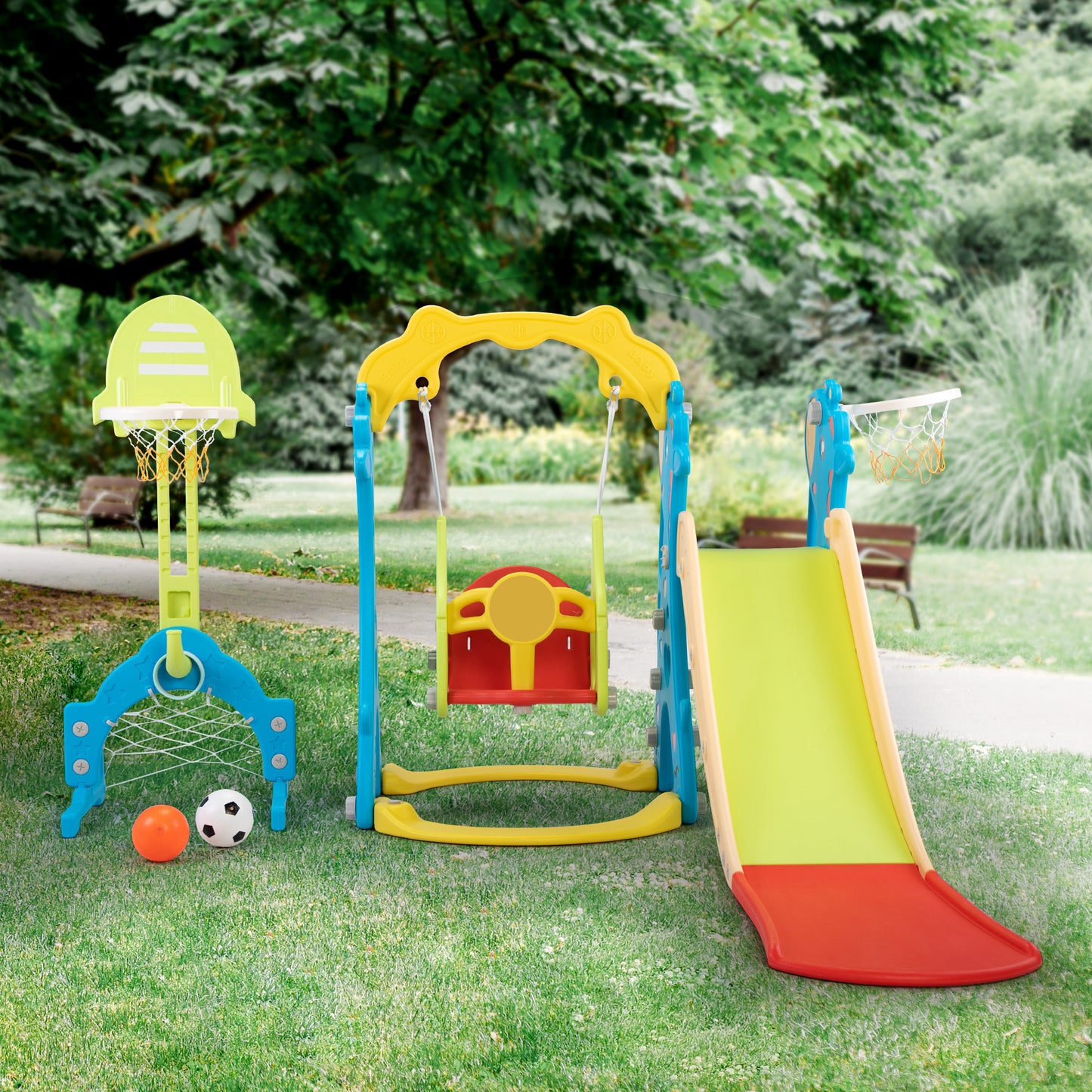 Giraffe-themed 5-in-1 Playground Set with Slide, Swing, and Ball Games for Toddlers