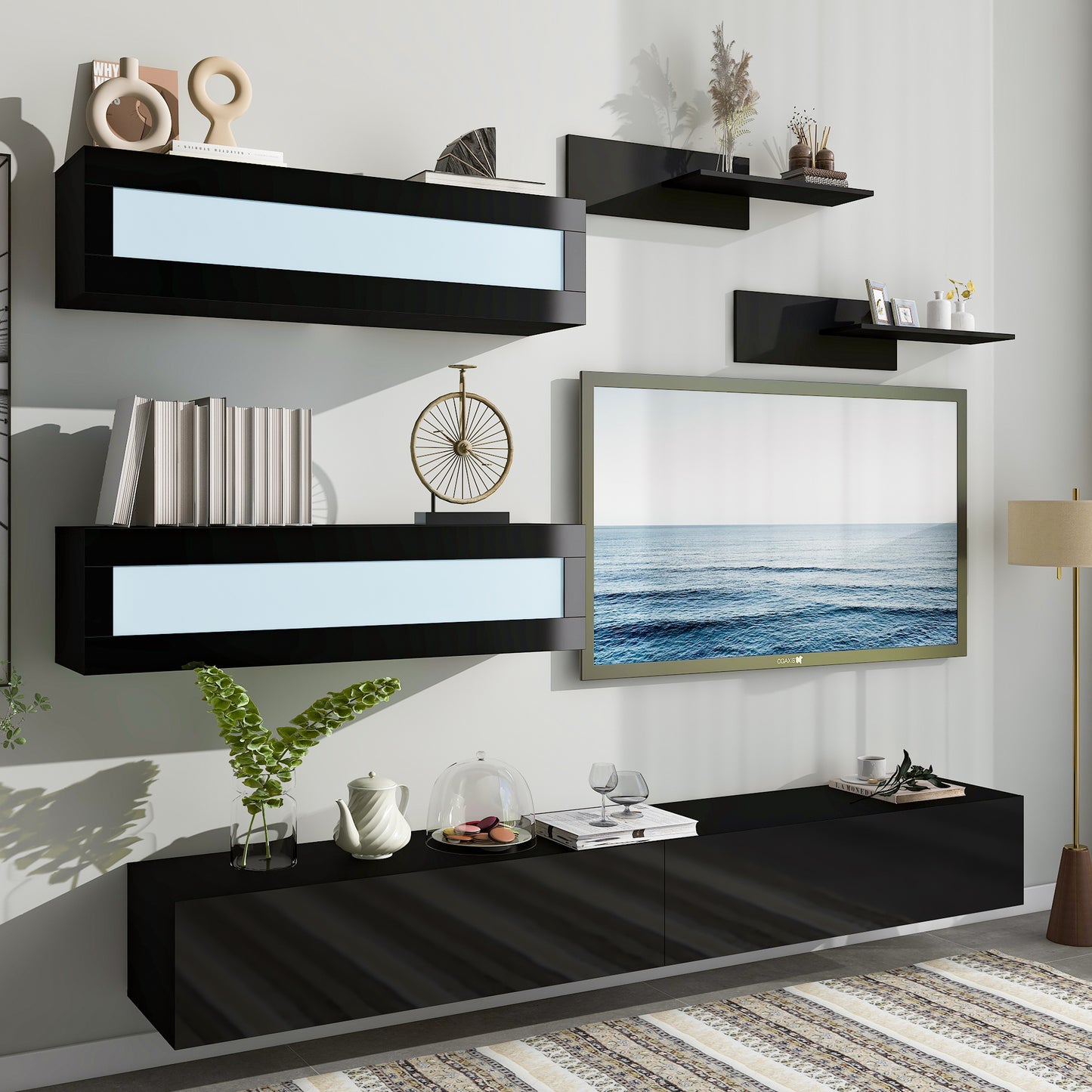 Modern Black Wall Mount Floating TV Stand with LED Lights and Media Storage