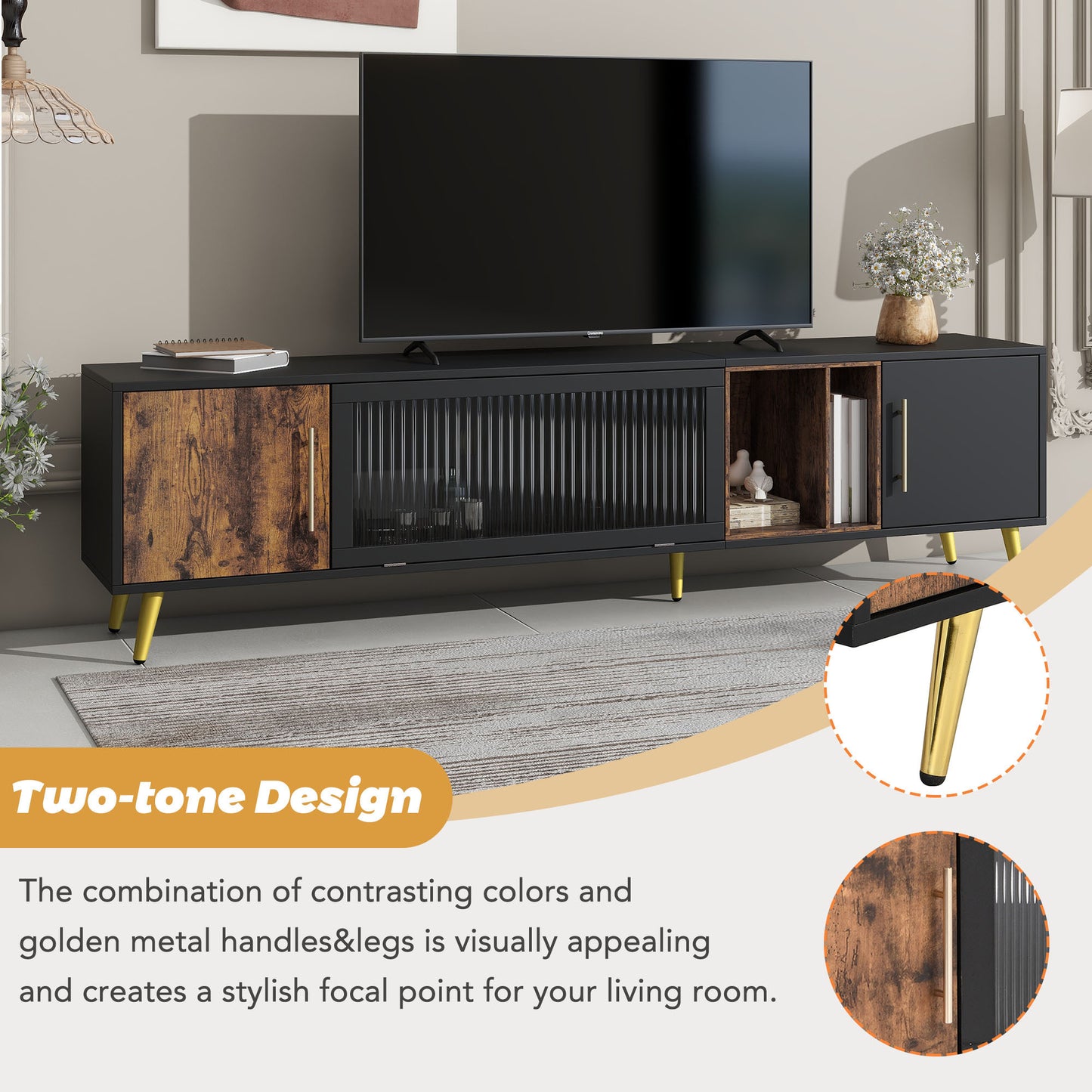 Elegant Black and Gold Two-Tone TV Stand with Adjustable Storage