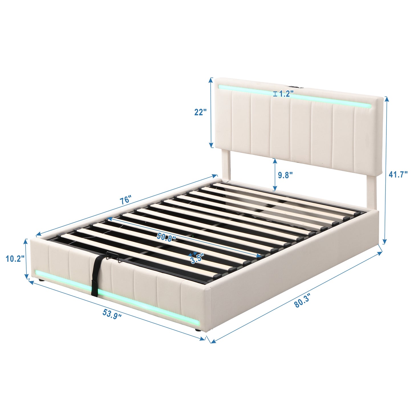 Full Size Upholstered Platform Bed with Hydraulic Storage System, LED Light, and a set of USB Ports and Sockets, Linen Fabric, Beige