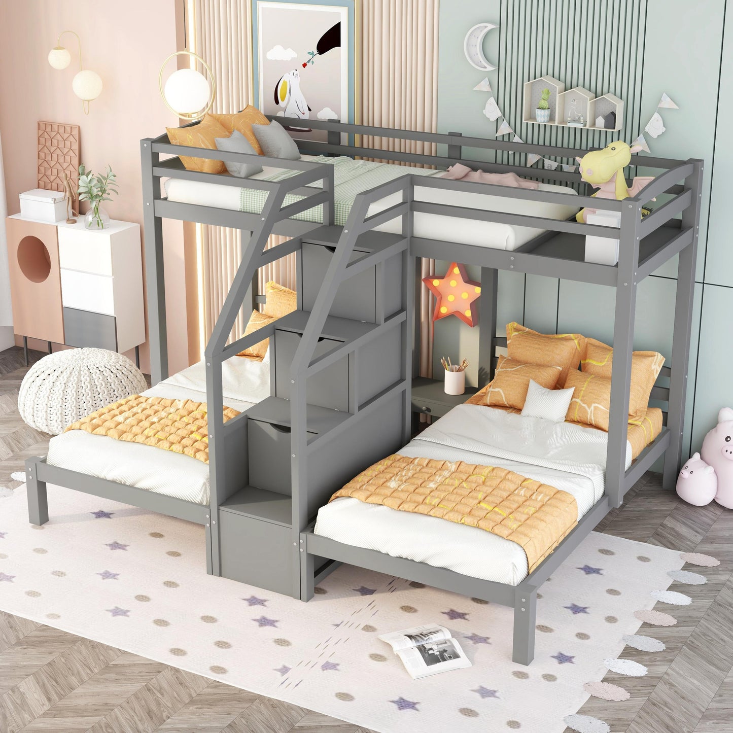 Gray Triple Twin Bunk Bed with Staircase and Storage Drawer