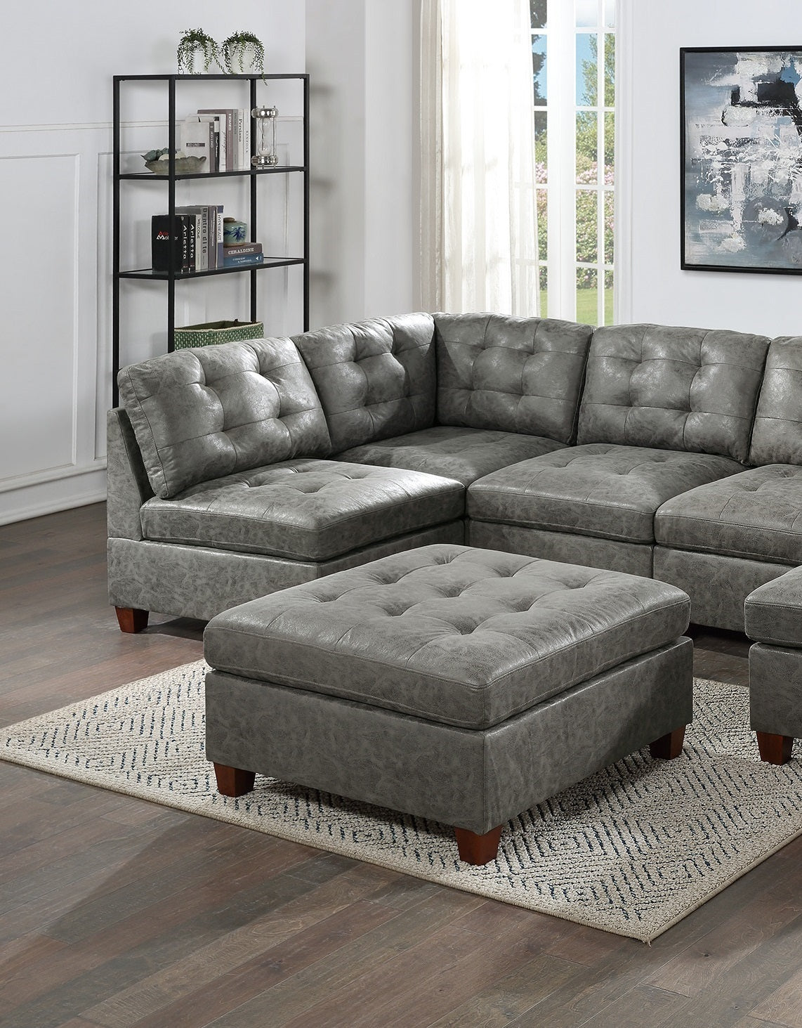 Antique Grey Breathable Leatherette Modular Sectional Set + Ottoman