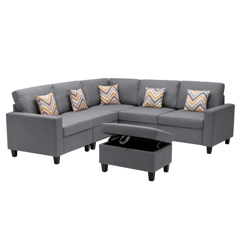 Gray Linen Fabric 6-Piece Reversible Sectional Sofa Set with Pillows, Storage Ottoman, and Interchangeable Legs