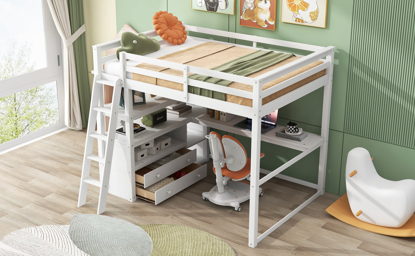 Full Size Loft Bed with Desk and Shelves,Two Built-in Drawers,White(: SM000416AAK)