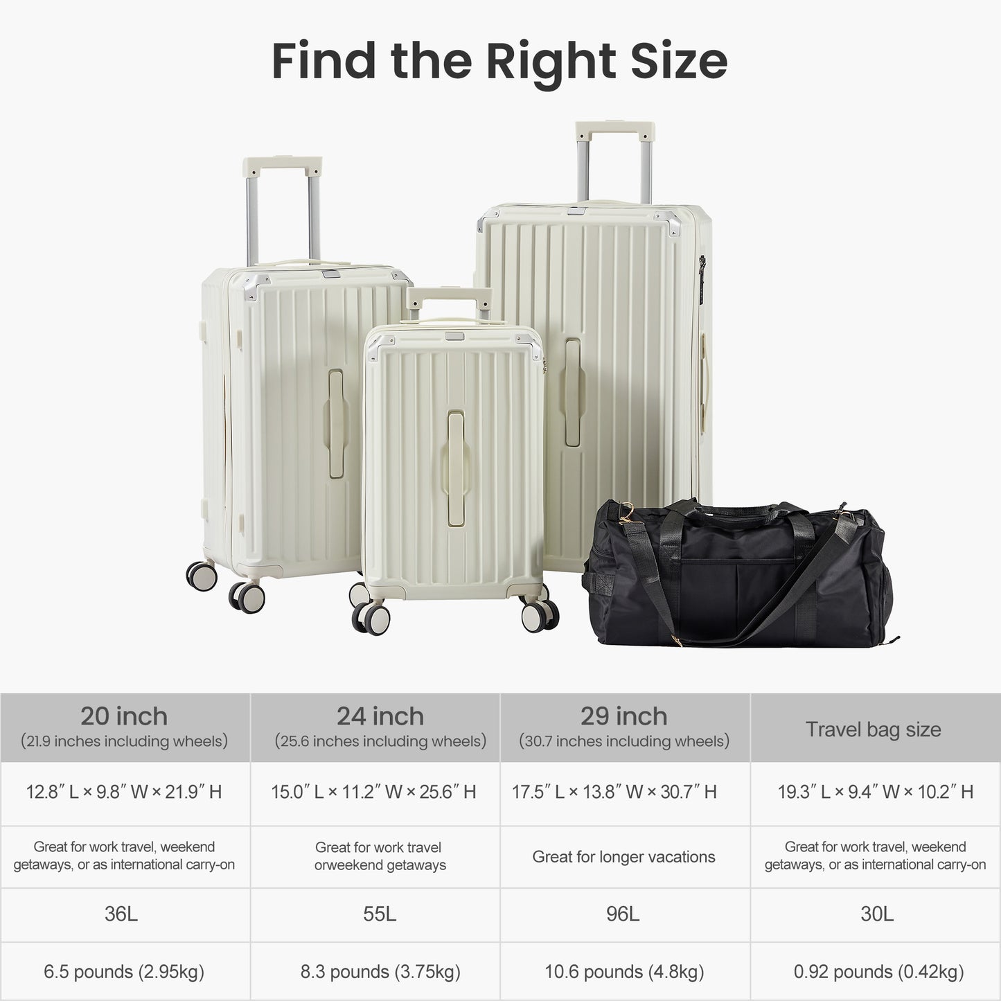 Luggage Set 4 pcs (20"/24"/29"/Travel Bag), PC+ABS Durable Lightweight Luggage with Collapsible Cup Holder, 360° Silent Spinner Wheels, TSA Lock, White