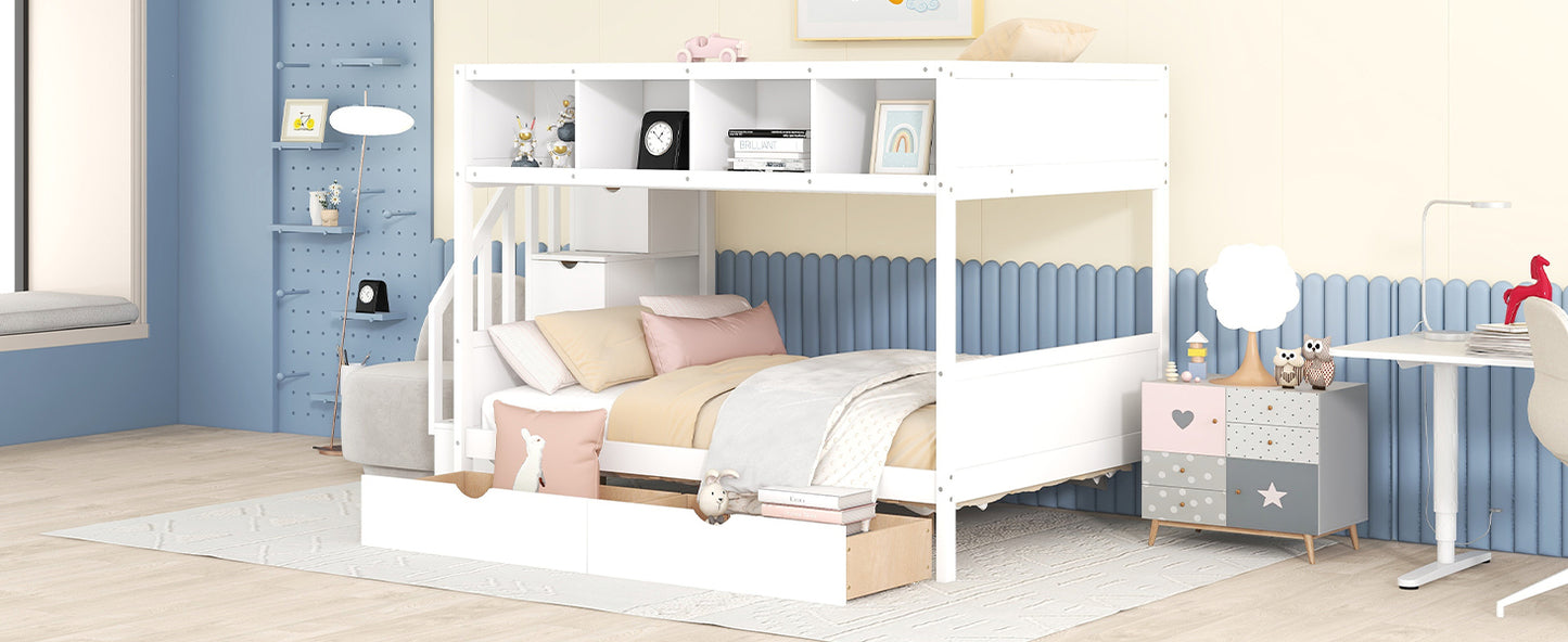 Versatile White Bunk Bed with Shelves, Storage Staircase, and Drawers