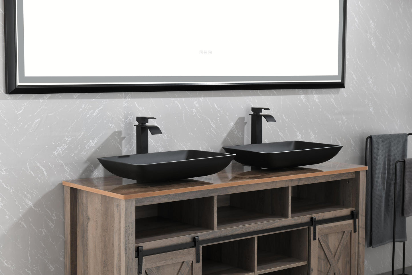 Matte Black Glass Rectangular Vessel Bathroom Sink Set with Faucet and Pop-Up Drain