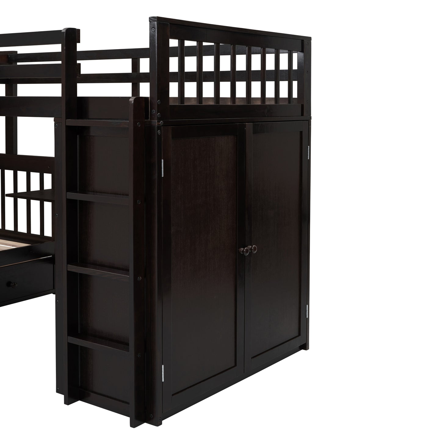 Espresso L-Shaped Bunk Bed with Storage Drawers, Desk, Wardrobe and Maximized Space