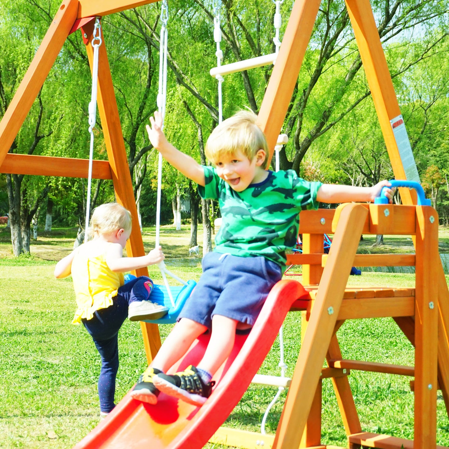 Wooden Outdoor Swing Set with Slide, Climbing Rope Ladder, and Swing for Kids