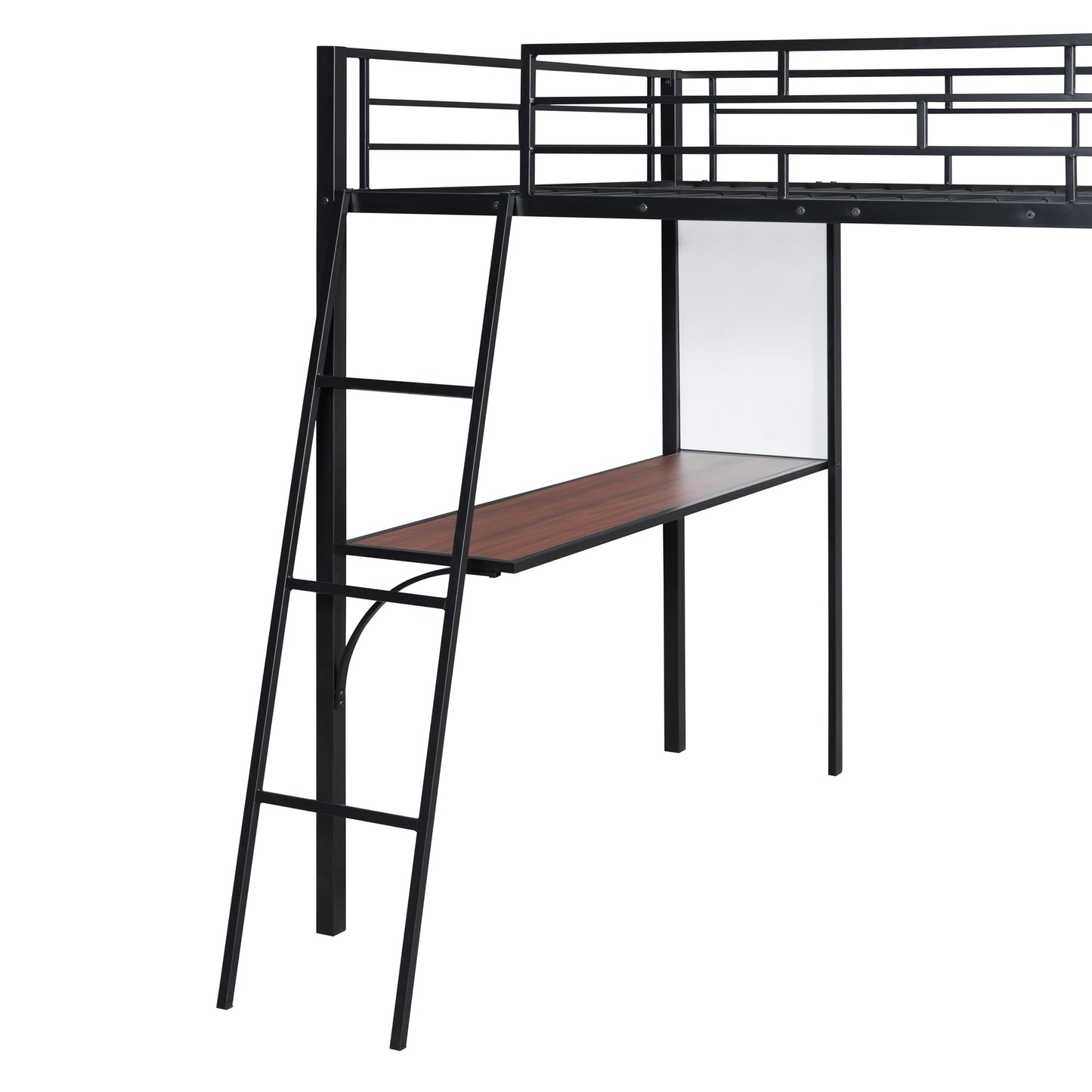 Full Size Loft Metal Bed with 3 Layers of Shelves and Desk, Stylish Metal Frame Bed with Whiteboard, Black