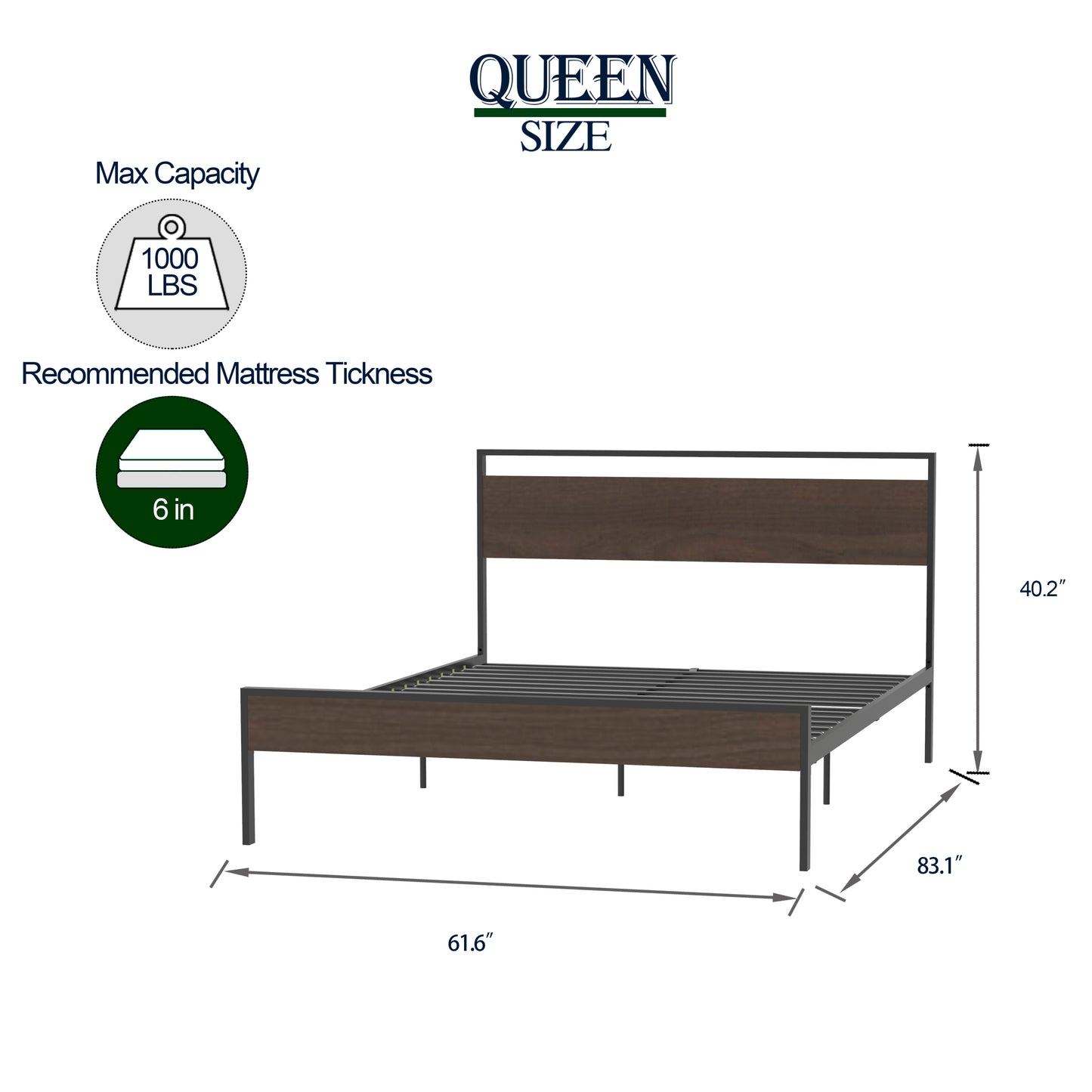 Ceres Metal Bed, Black with Walnut Wood Headboard&Footboard, Queen