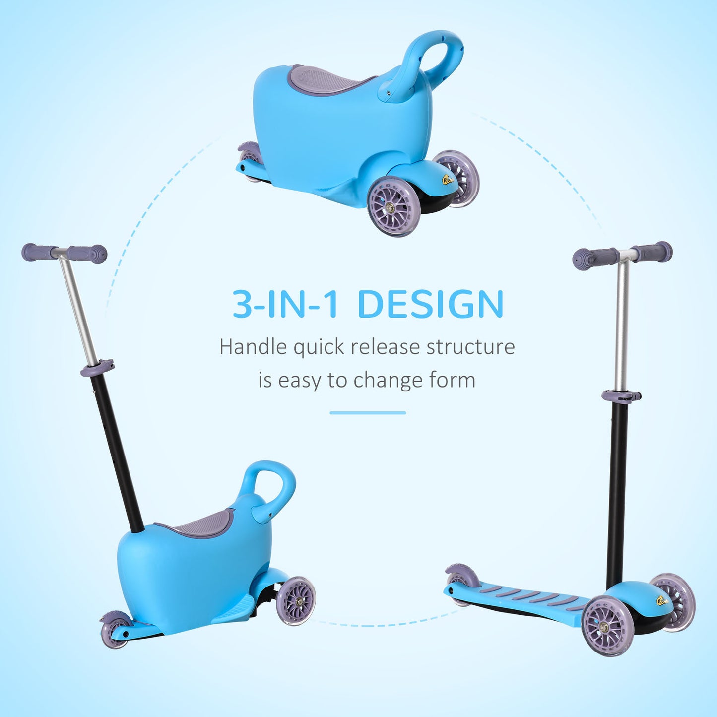 3-in-1 Ride On Push Car, Kids Scooter, Sliding Walker, Push Rider, with Adjustable Handlebar, 3 Balanced Wheels, Removable Storage Seat, for Boys and Girls Aged 2-6 Years Olds, Blue