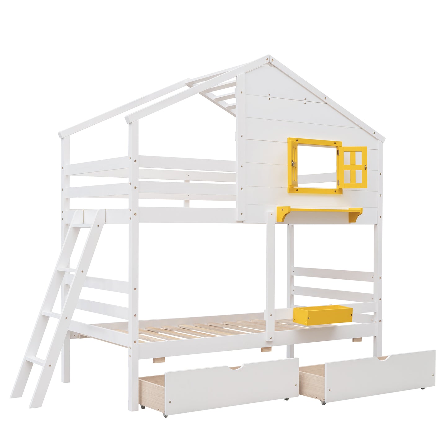 White Playhouse-Inspired Twin Bunk Bed with Storage and Roof