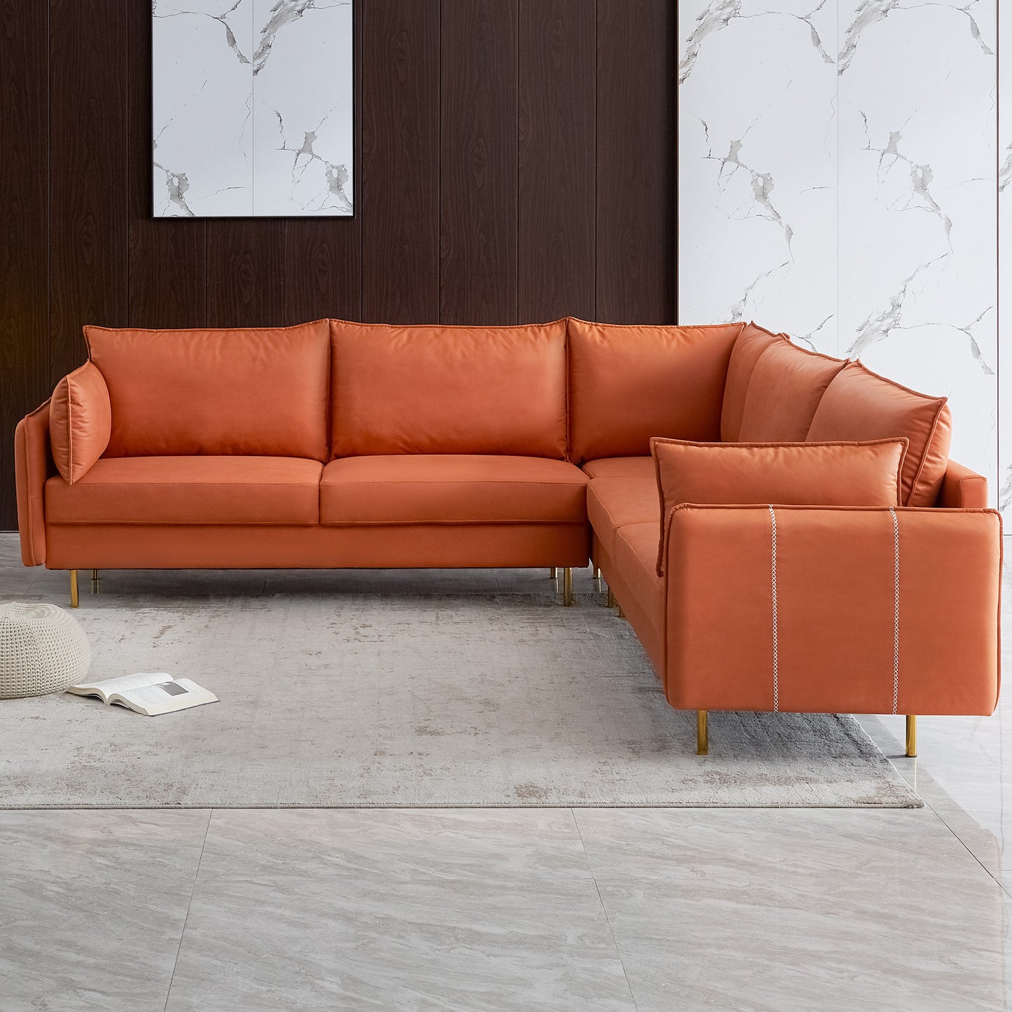 L-Shaped Corner Sectional Technical leather Sofa-Orange, 92.5*92.5''