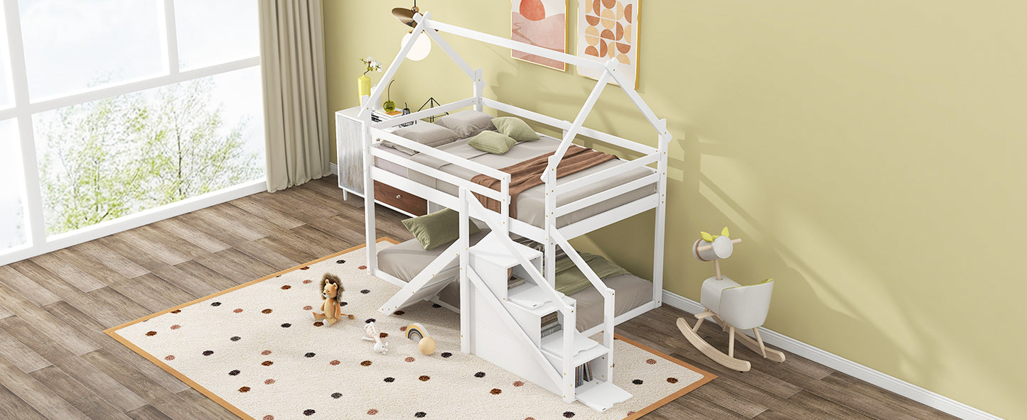 White Twin over Twin House Loft Bunk Bed with Slide, Staircase, Storage, and Play Area