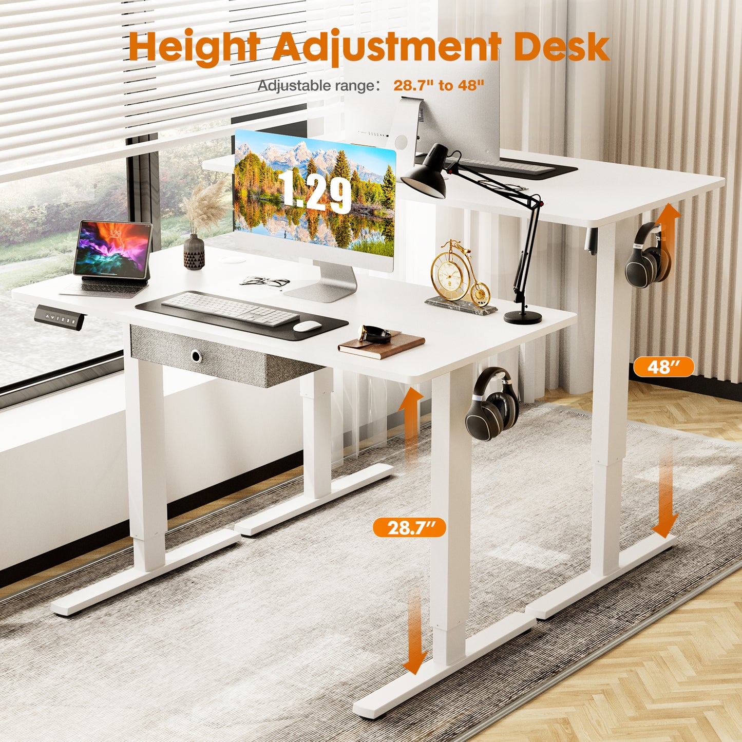 Ergonomic White Standing Desk with Storage Drawer and Adjustable Height, 48 x 24 Inches